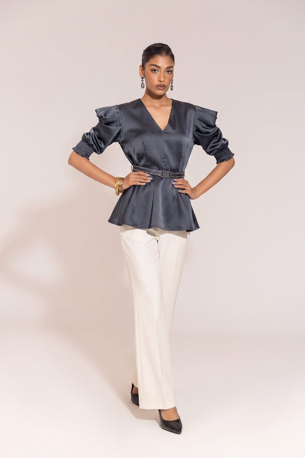 Navy Blue Satin Peplum Top with Puff Sleeves & Statement Belt – Party Wear