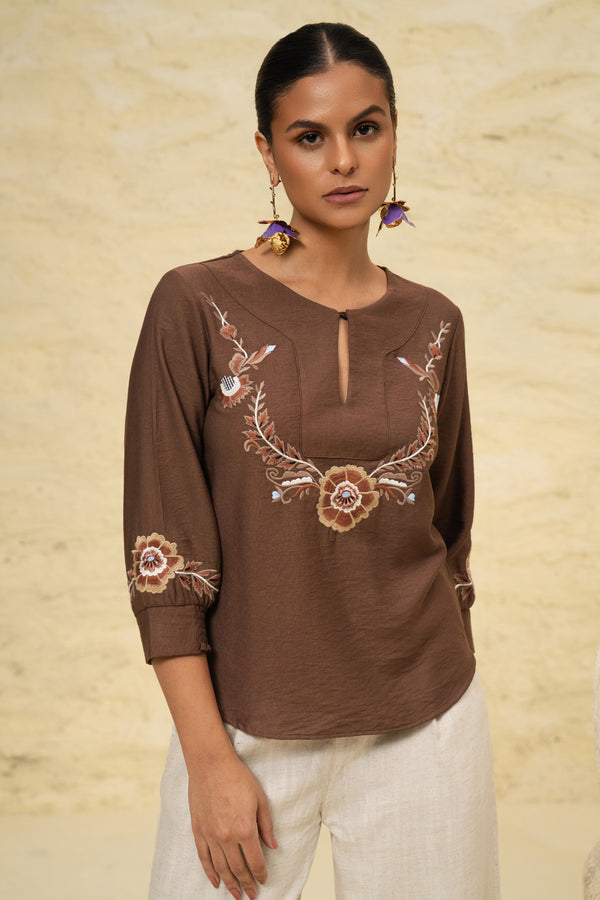 Brown Embroidered Linen Blend Top – Casual & Brunch Wear