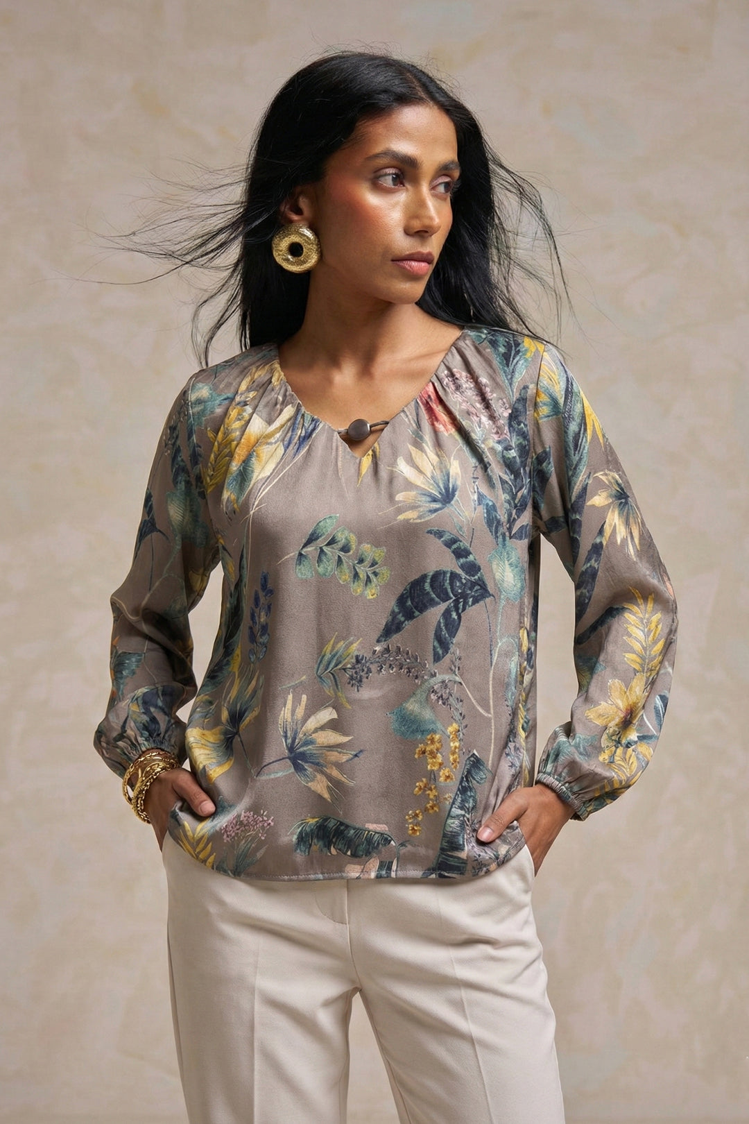 Taupe Satin Chiffon Floral Printed Top – Effortless Elegant Daywear