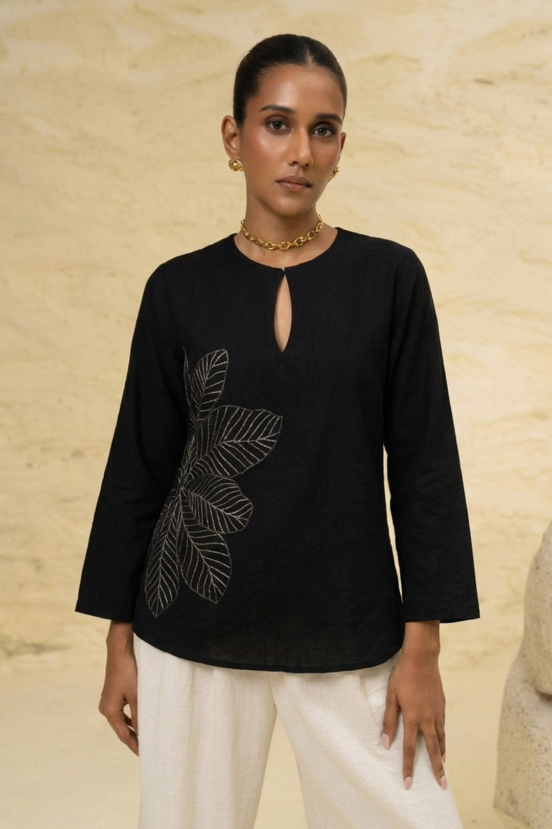 Black Leaf Embroidered Linen Blend Luxury Top - Effortless Everyday Elegance