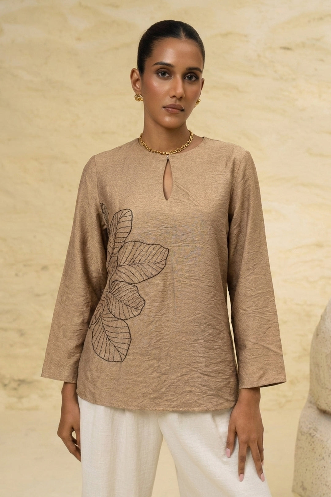 Beige Leaf Embroidered Linen Blend Luxury Top - Effortless Everyday Elegance