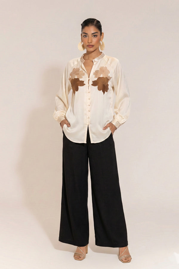 Cream Premium Satin Embroidered Oversized Top with Button Closure – Luxe Designer Wear by Sheczzar