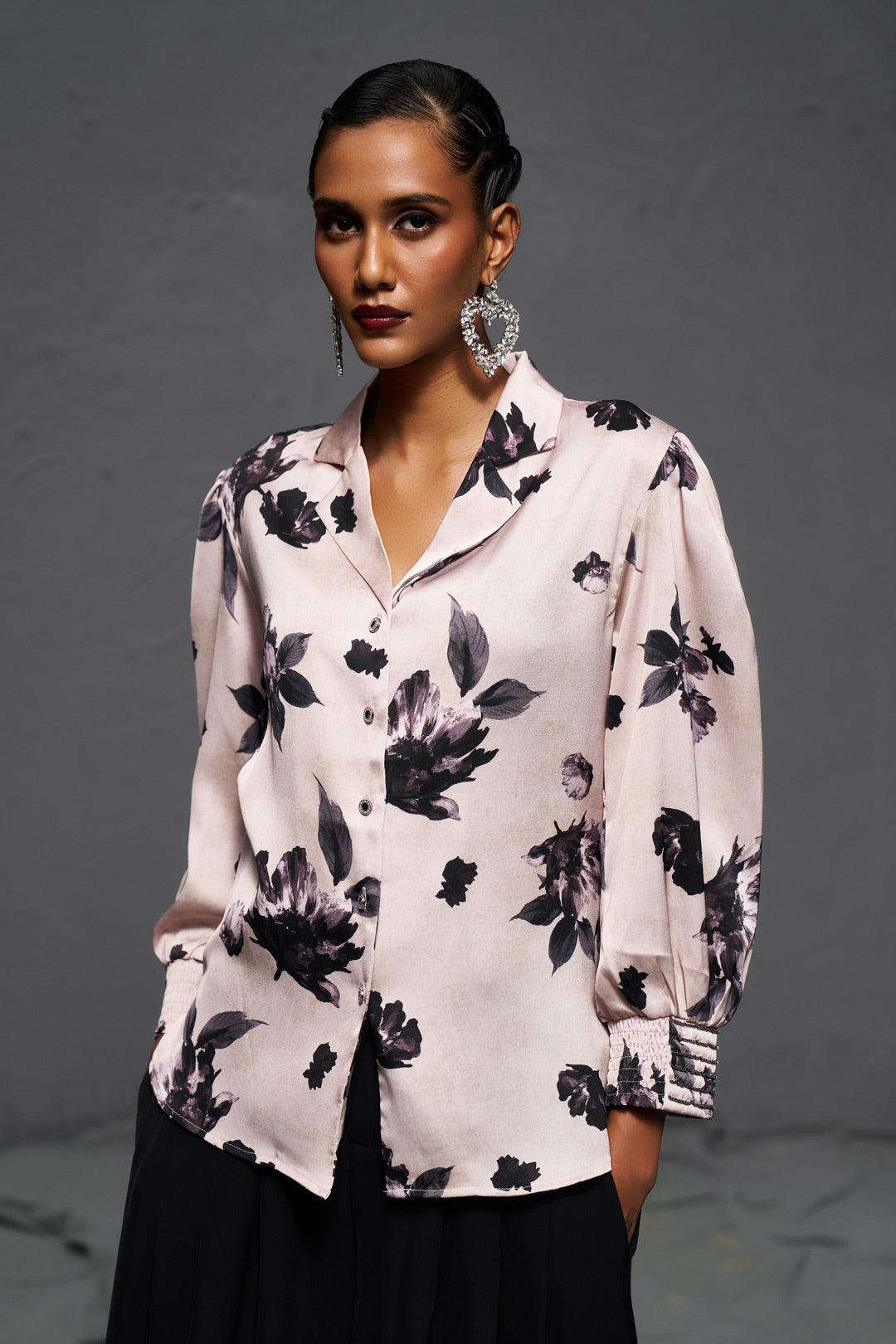 Floral Satin Top with Blazer Look Neckline & Handwork Sleeves – Premium Party Wear
