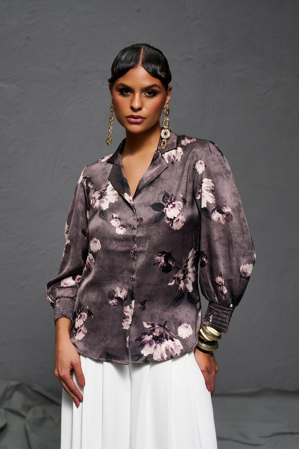 Grey Floral Satin Top with Blazer Look Neckline & Handwork Sleeves – Premium Party Wear
