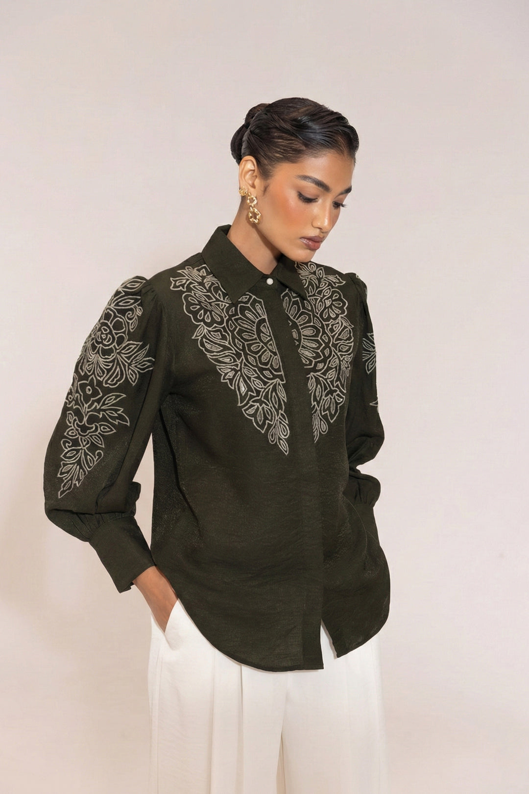 Sheczzar Luxe Dark Moss Green Cutwork Embroidered Shirt with Statement Sleeves