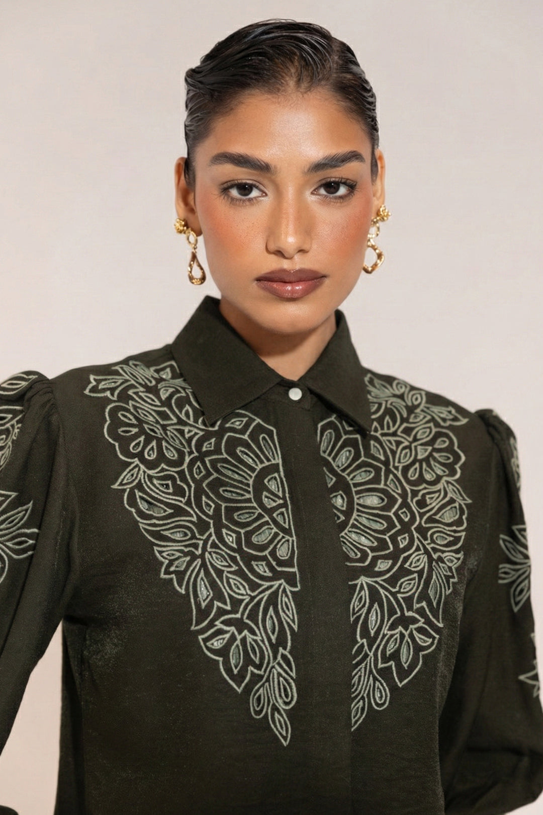Sheczzar Luxe Dark Moss Green Cutwork Embroidered Shirt with Statement Sleeves
