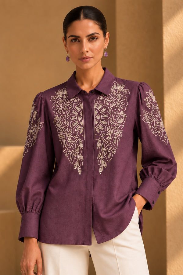 Plum Purple Cutwork Embroidered Viscose Shirt Top for Women