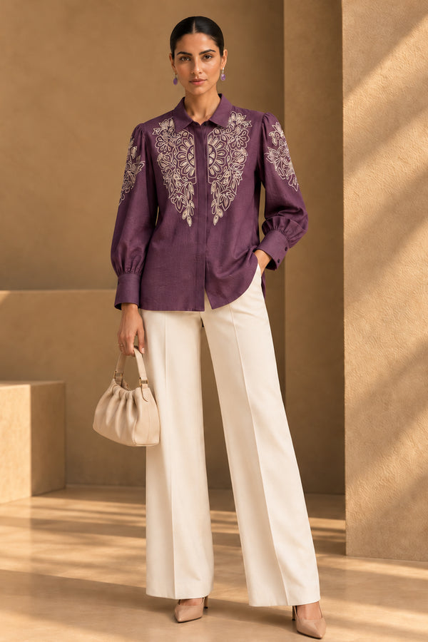 Plum Purple Cutwork Embroidered Viscose Shirt Top for Women