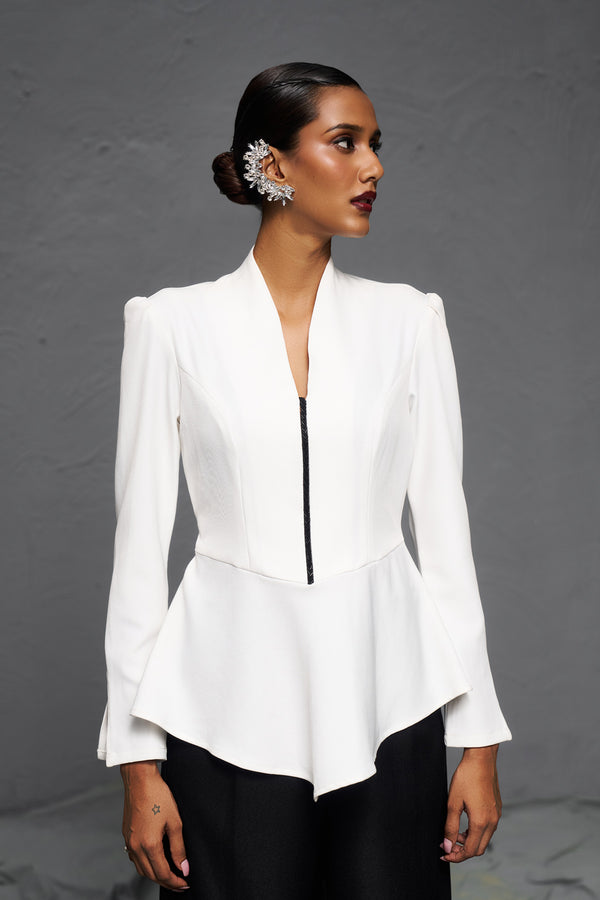 White Thick Woven Peplum Top with Handwork Detailing – Premium Formal Luxury Wear