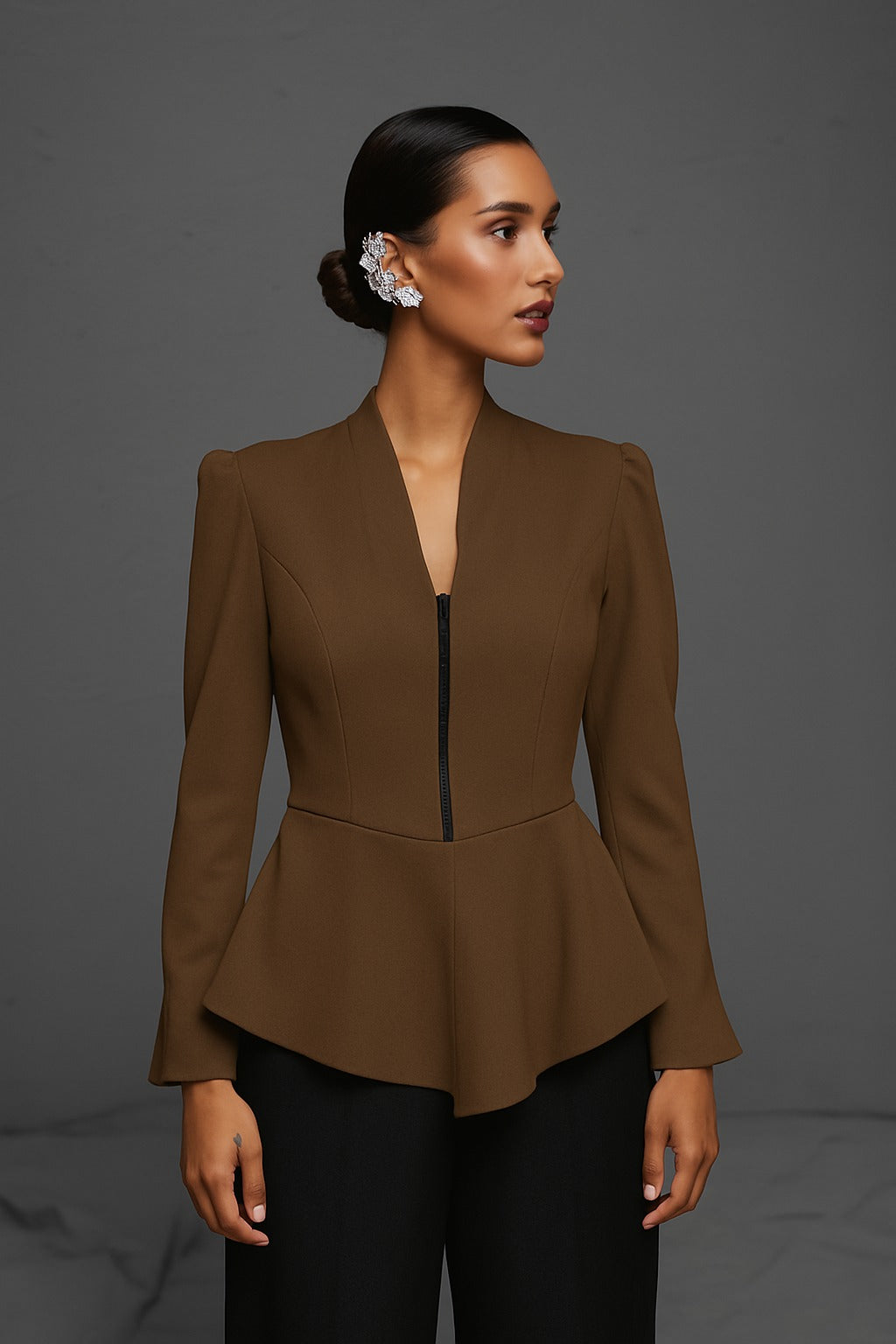 Umber Brown Thick Woven Peplum Top with Handwork Detailing – Premium Formal Luxury Wear
