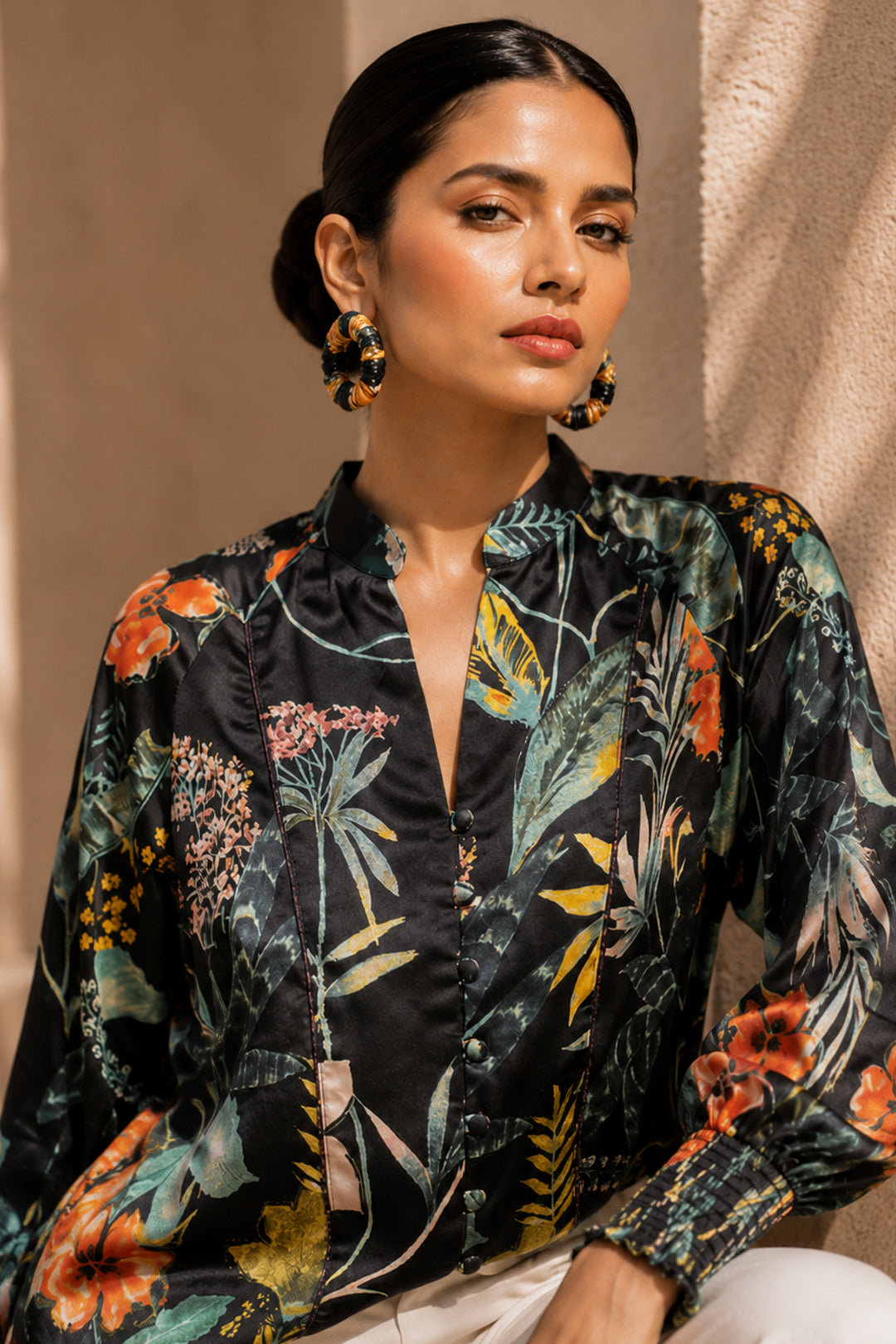 Navy Blue Floral Satin Handworked Lace Shirt Top | Premium Party & Occasion Wear