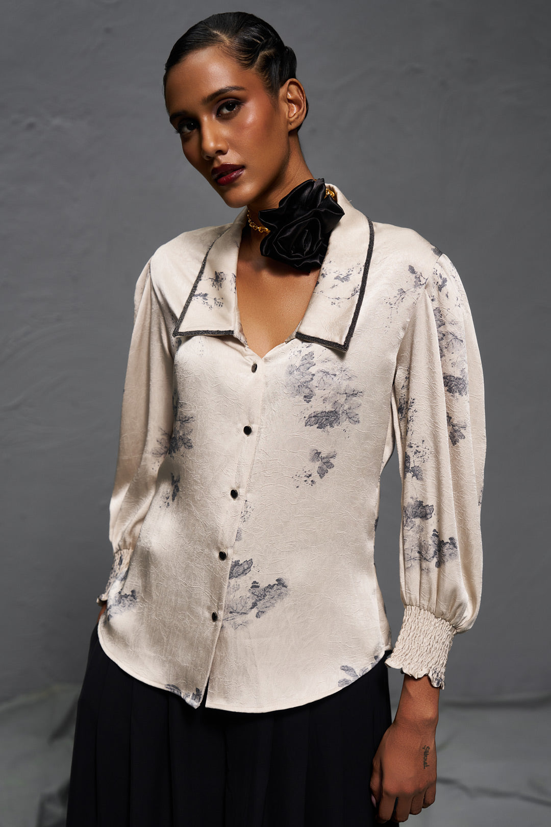 Beige Satin Minimal Print Top – Statement Neckline Party Wear