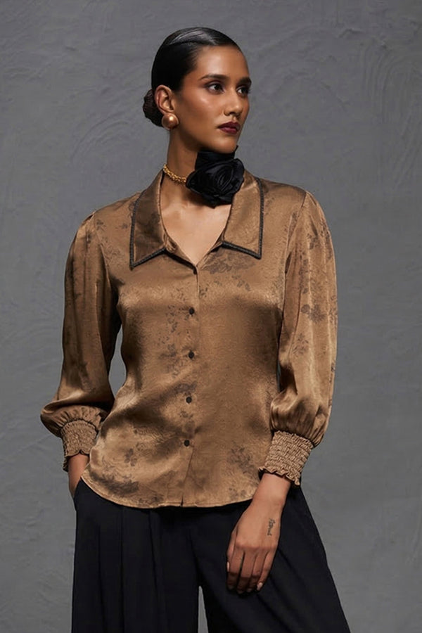 Brown Satin Minimal Print Top – Statement Neckline Party Wear