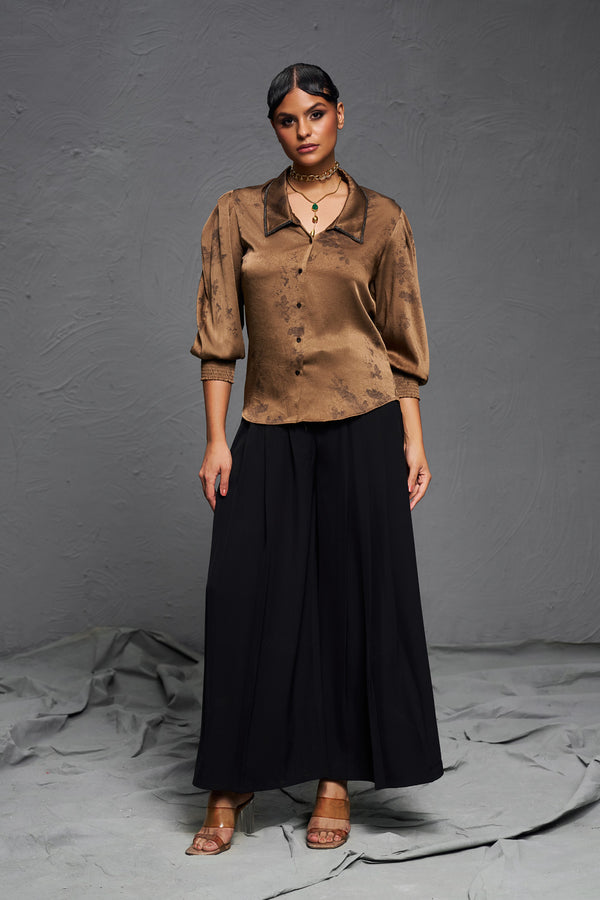 Brown Satin Minimal Print Top – Statement Neckline Party Wear