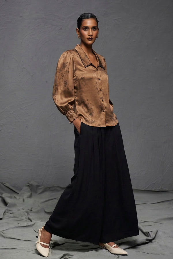 Brown Satin Minimal Print Top – Statement Neckline Party Wear
