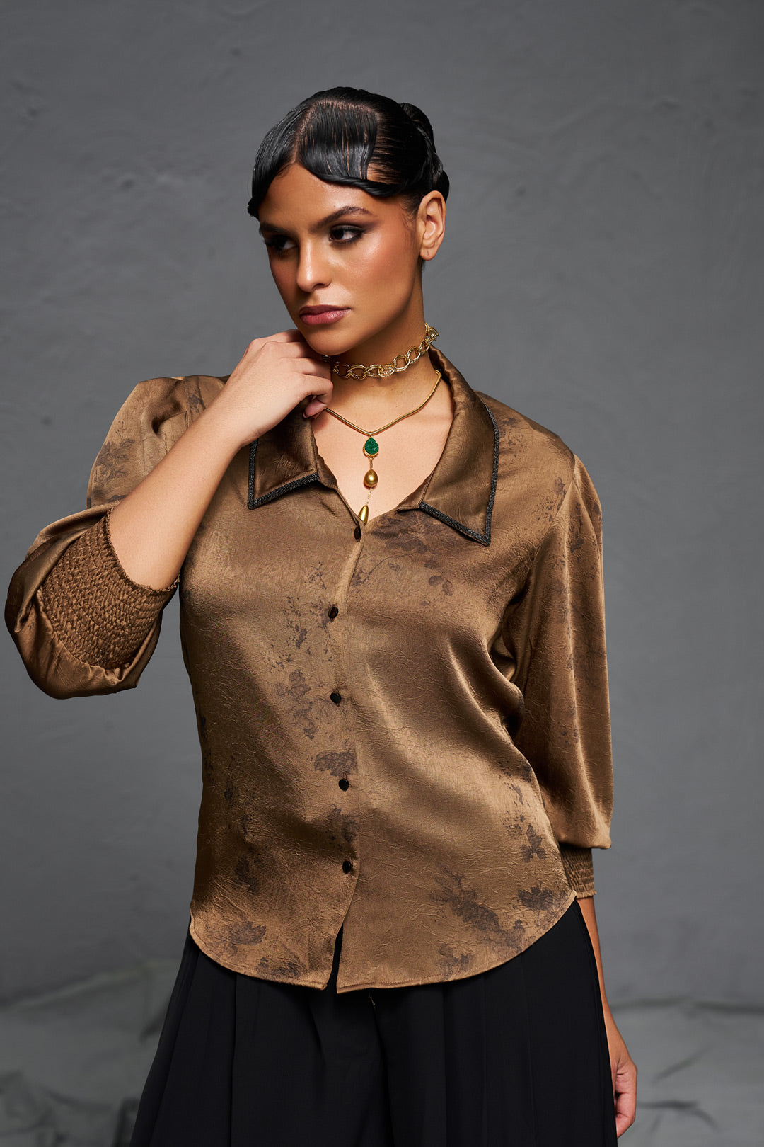 Brown Satin Minimal Print Top – Statement Neckline Party Wear