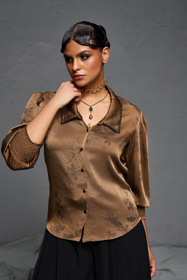 Brown Satin Minimal Print Top – Statement Neckline Party Wear