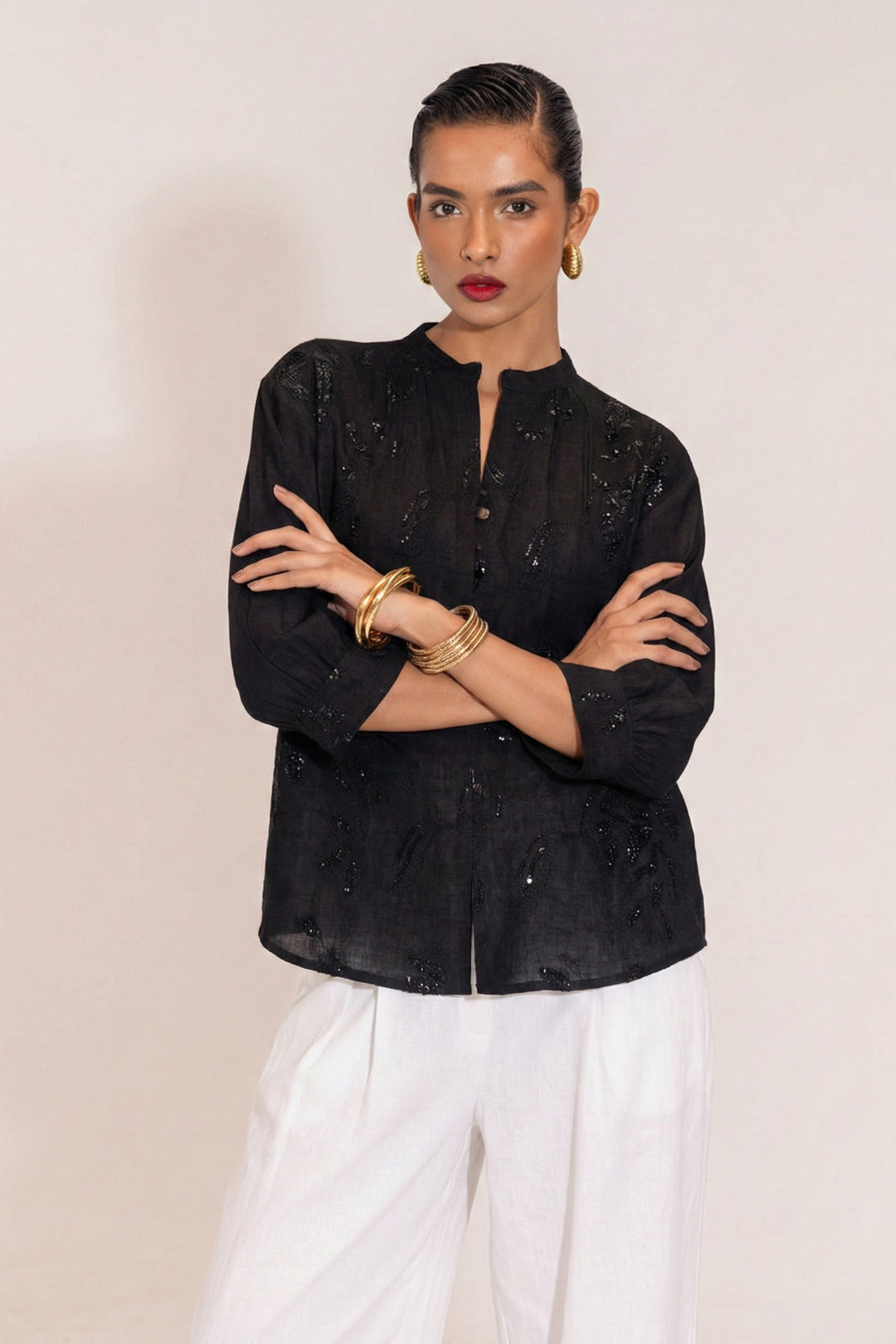 Black Linen Embroidered Shirt – Sequin & Thread Detailing | Party Edit