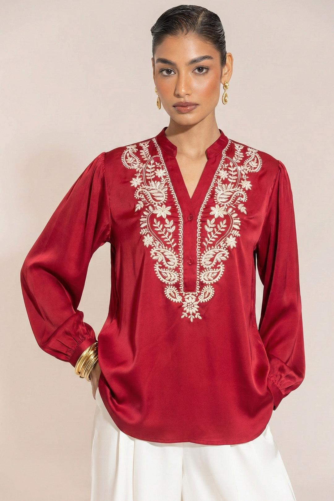 Sheczzar Maroon Luxe Embroidered Satin Top – Refined Indo-Western Elegance