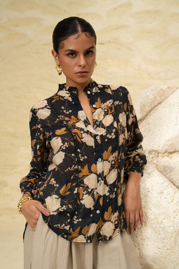 Black Printed Chiffon Top with Sleek Shiny Lace Detailing for Party & Casual Wear