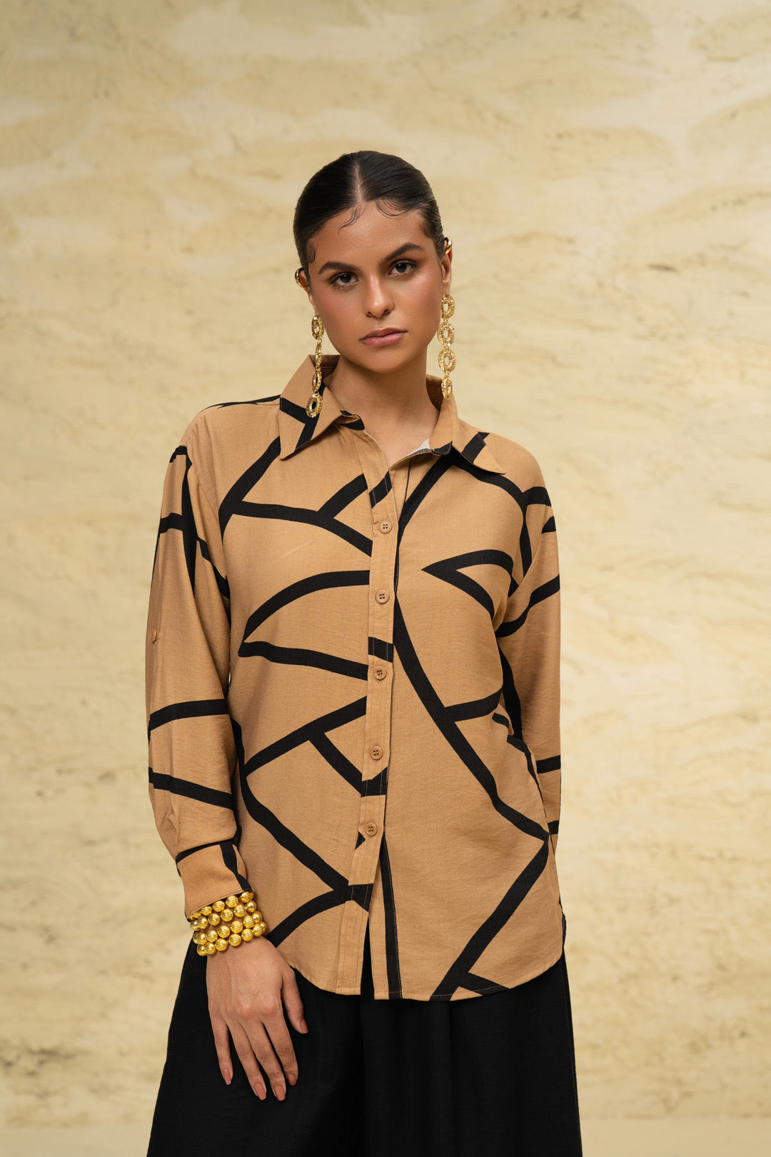 Dark Beige Abstract Print Linen Blend Shirt Top for Casual Wear