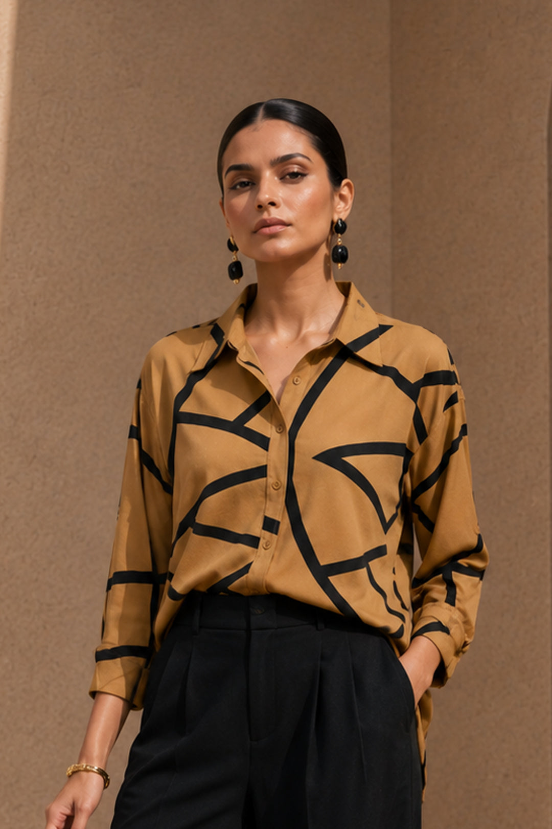 Dark Beige Abstract Print Linen Blend Shirt Top for Casual Wear