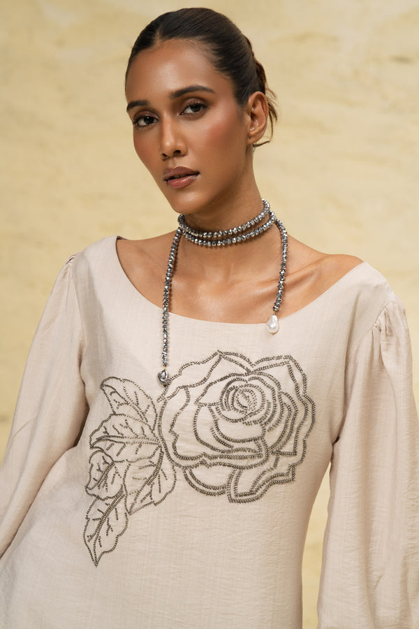 Beige Hand-Embroidered Boat Neck Top – Premium Party Wear
