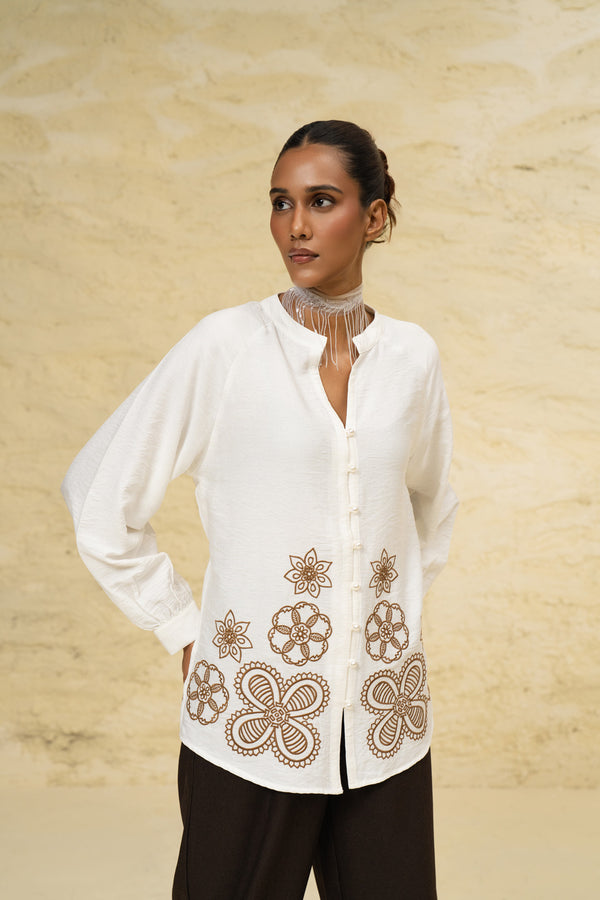 White Embroidered Linen Blend Top – Semi-Formal Luxury Wear