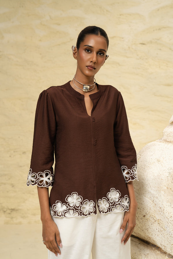 Brown Linen Cotton Top with Cutwork Embroidery – Premium Semi-Formal Wear
