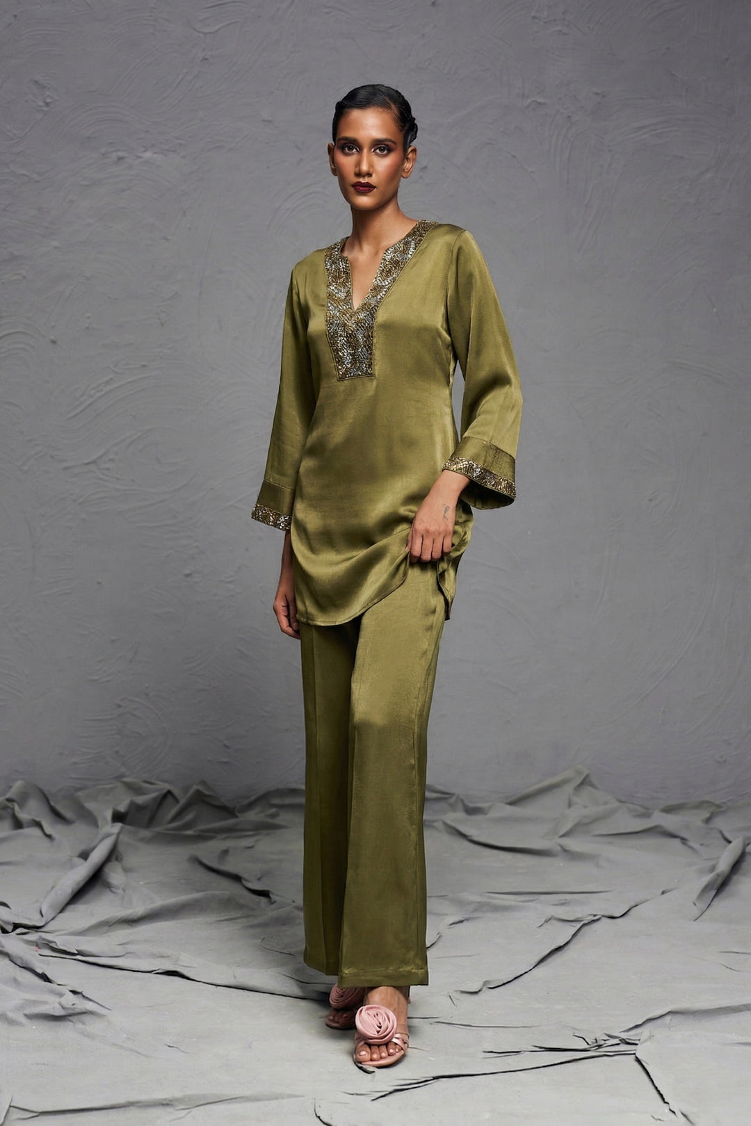 Ash Green Satin Co-ord Set with Handwork Embellished Detailing – Elegant Festive Wear