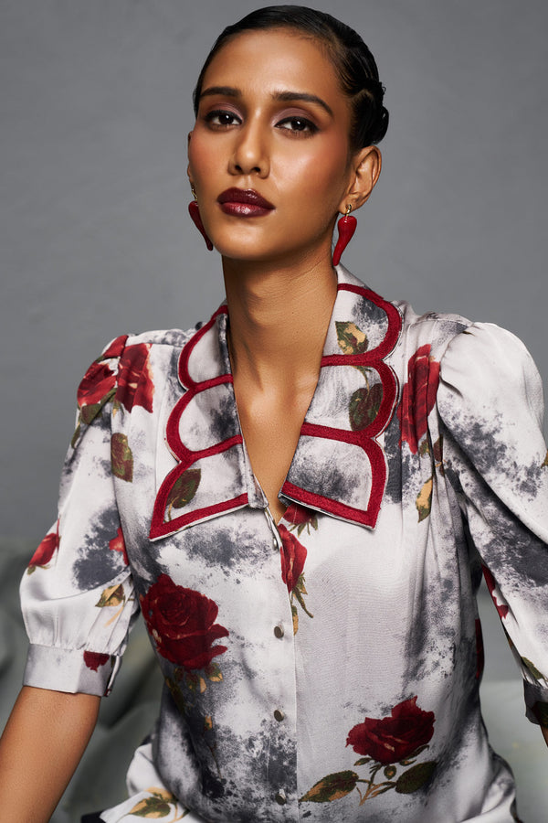 Light Grey Floral Satin Top with Embroidered Statement Collar – Premium Designer Wear