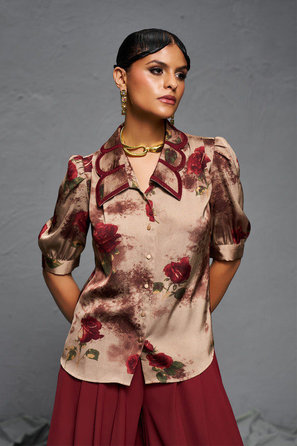 Brown Floral Satin Top with Embroidered Statement Collar – Premium Designer Wear