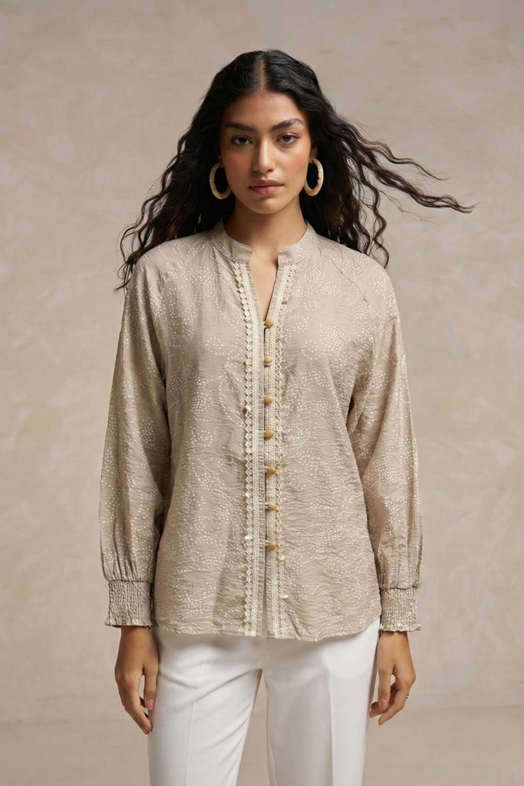 Beige Lace-Detail Linen Blend Top – Bohemian Luxe Everyday Wear