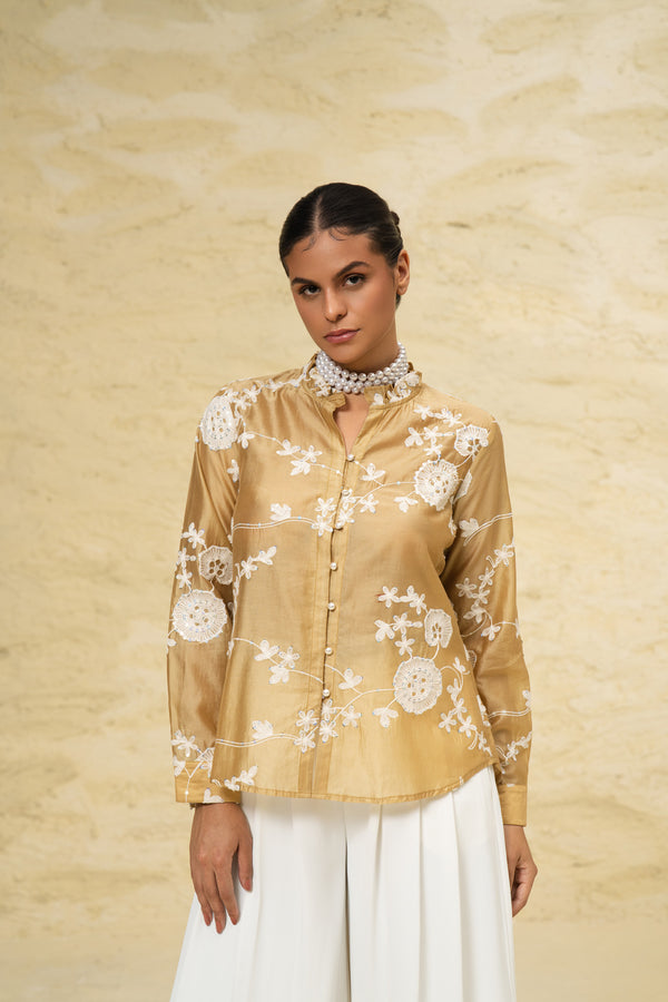 Mustard Yellow Silk Blend Embroidered Top with Sequin Detailing – Premium Party Wear