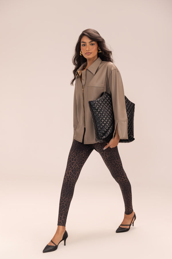 Taupe Fabric-Leather Shirt Jacket – Faux Leather Zip-Up Luxe Layer