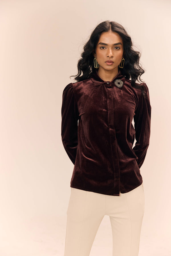Deep Maroon Velvet Shirt with Hand-Embellished Brooch Collar | SHECZZAR Luxe Eveningwear