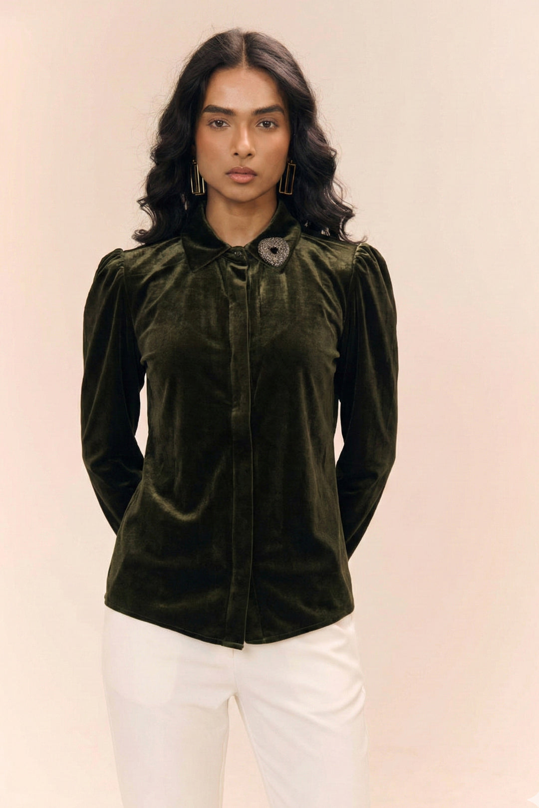 Rangoon Green Velvet Shirt with Hand-Embellished Brooch Collar | SHECZZAR Luxe Eveningwear