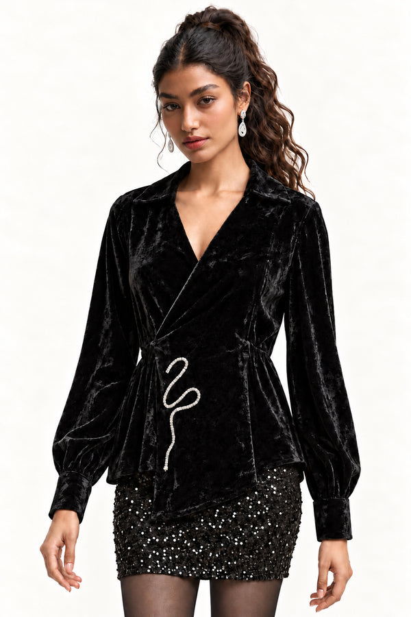 Black Velvet Blazer-Cut Top with Silver Hand Embroidery