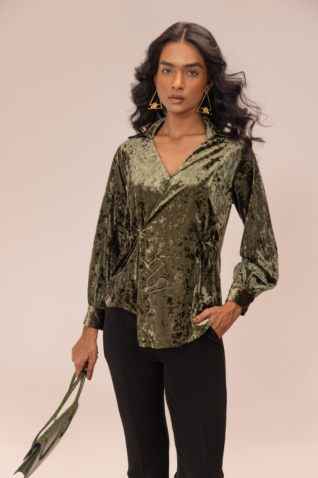 Olive Green Velvet Blazer Top – Crushed Velvet with Silver Hand Embroidery
