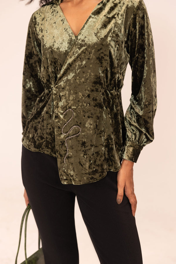 Olive Green Velvet Blazer Top – Crushed Velvet with Silver Hand Embroidery