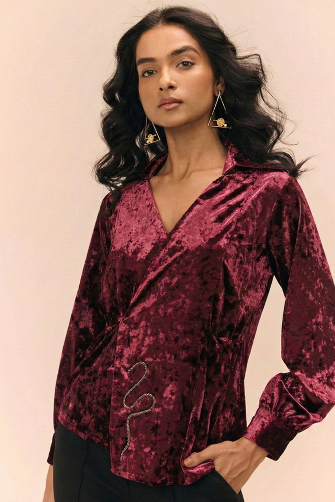Wine Velvet Blazer Top – Crushed Velvet with Silver Hand Embroidery