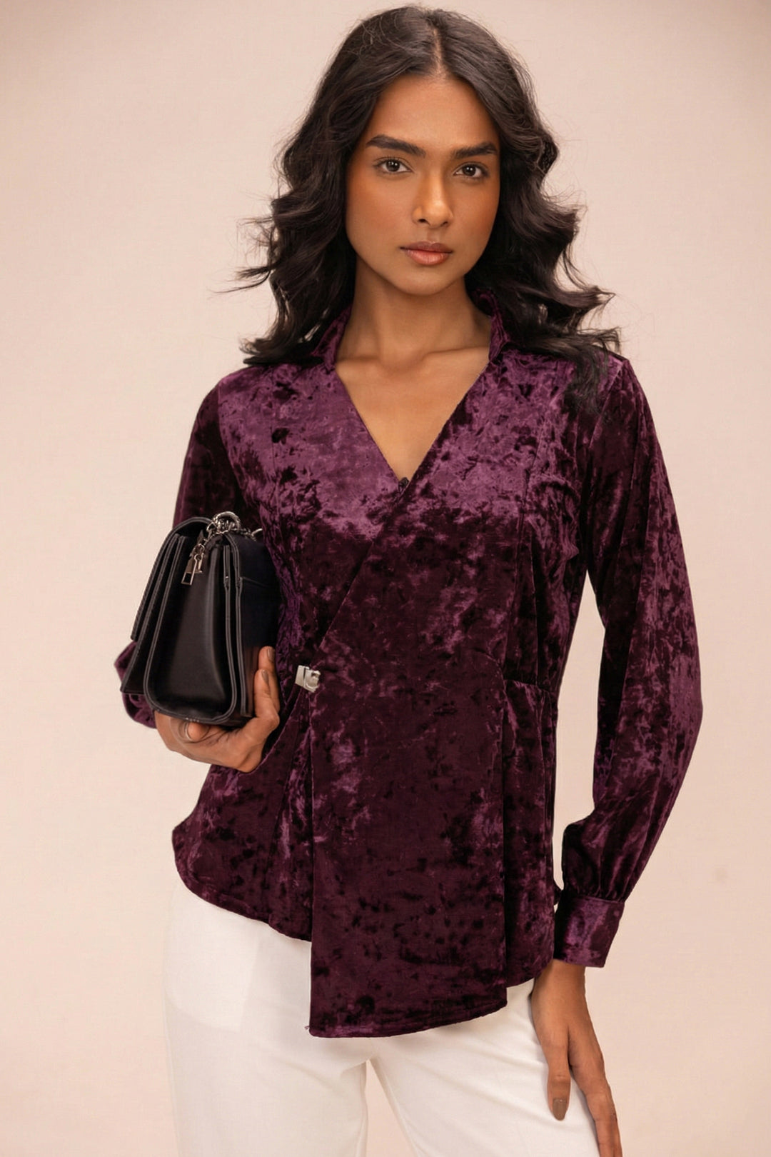 Wine Crushed Velvet Draped Top | SHECZZAR Luxe Eveningwear