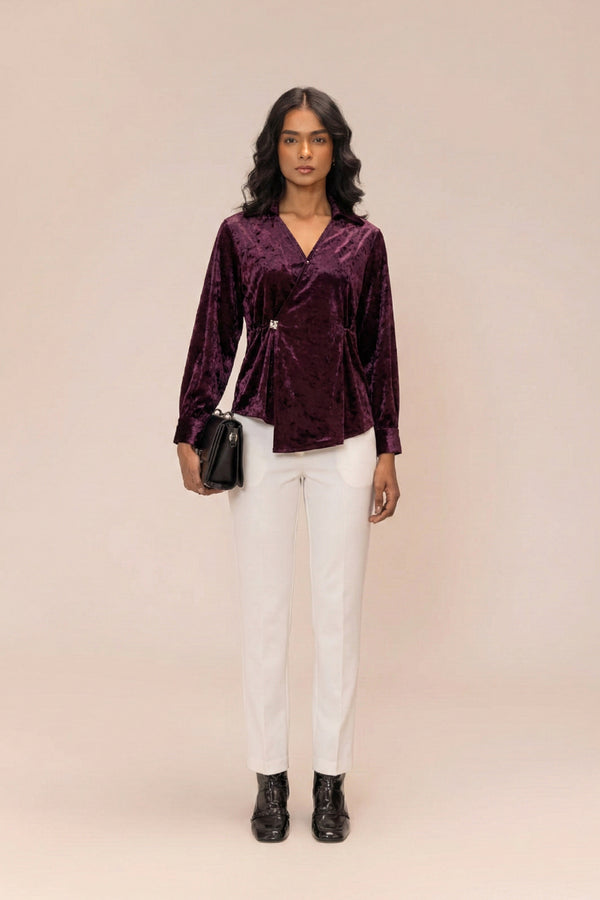 Wine Crushed Velvet Draped Top | SHECZZAR Luxe Eveningwear