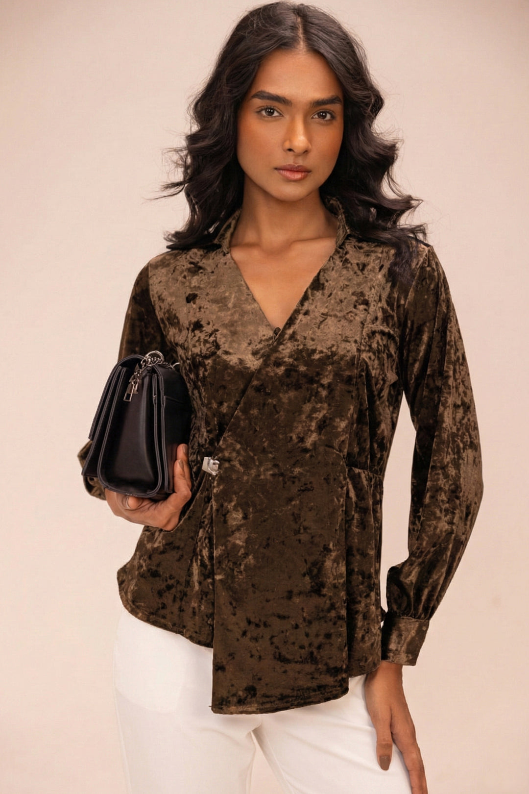 Brown Crushed Velvet Draped Top | SHECZZAR Luxe Eveningwear