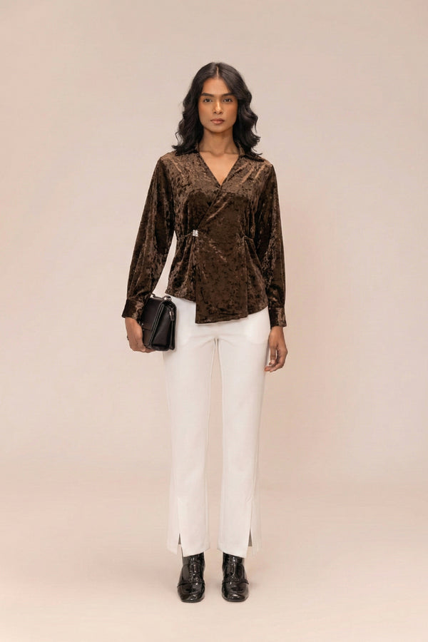 Brown Crushed Velvet Draped Top | SHECZZAR Luxe Eveningwear