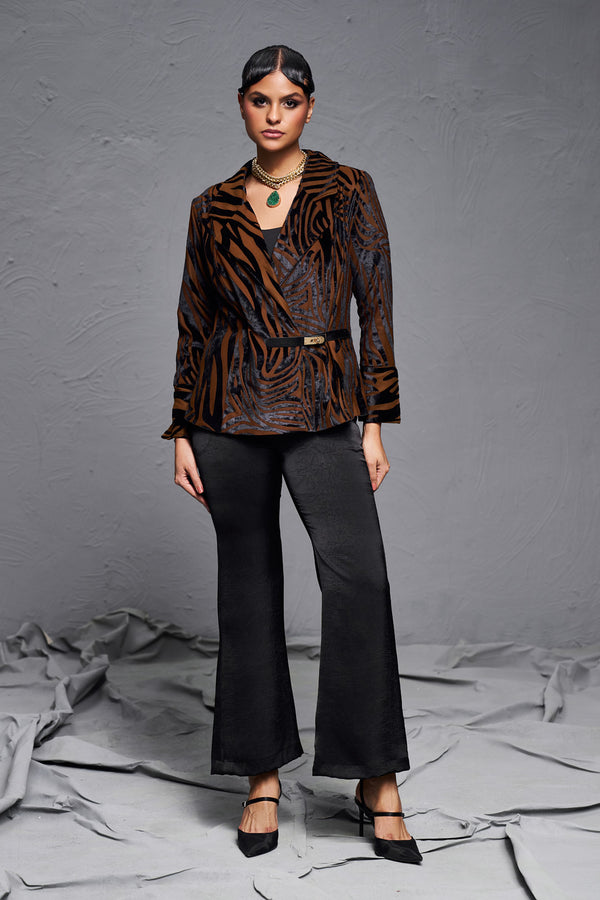 Zebra Print Velvet Brown Blazer Co-ord Set – 3-Piece Luxury Set