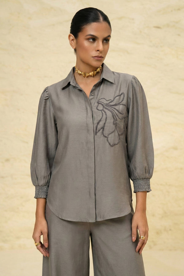 Grey Cotton-Linen Embroidered Co-ord Set (Top & Wide-Leg Pants) – Luxury Formal Wear