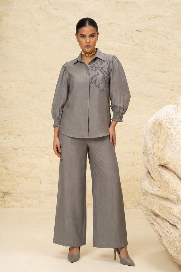 Grey Cotton-Linen Embroidered Co-ord Set (Top & Wide-Leg Pants) – Luxury Formal Wear