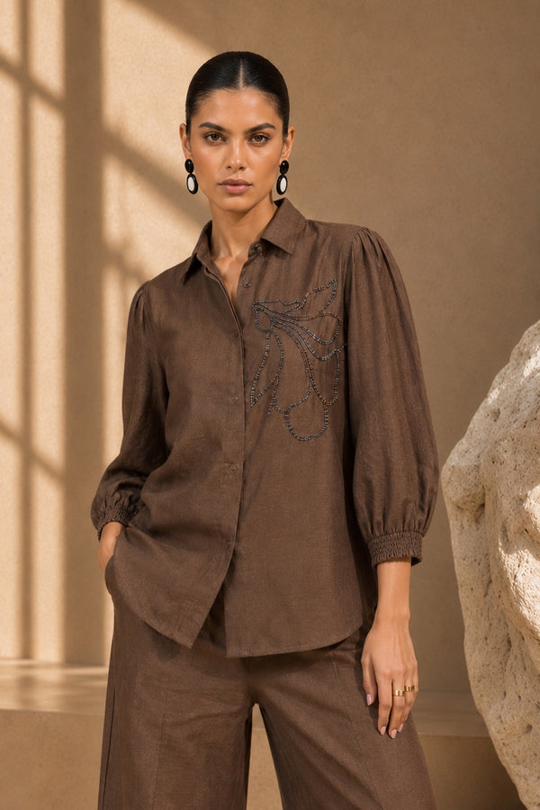 Cocoa Brown Cotton-Linen Embroidered Co-ord Set (Top & Wide-Leg Pants) – Luxury Formal Wear