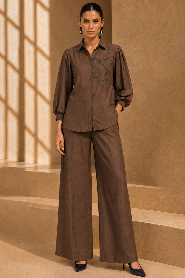 Cocoa Brown Cotton-Linen Embroidered Co-ord Set (Top & Wide-Leg Pants) – Luxury Formal Wear